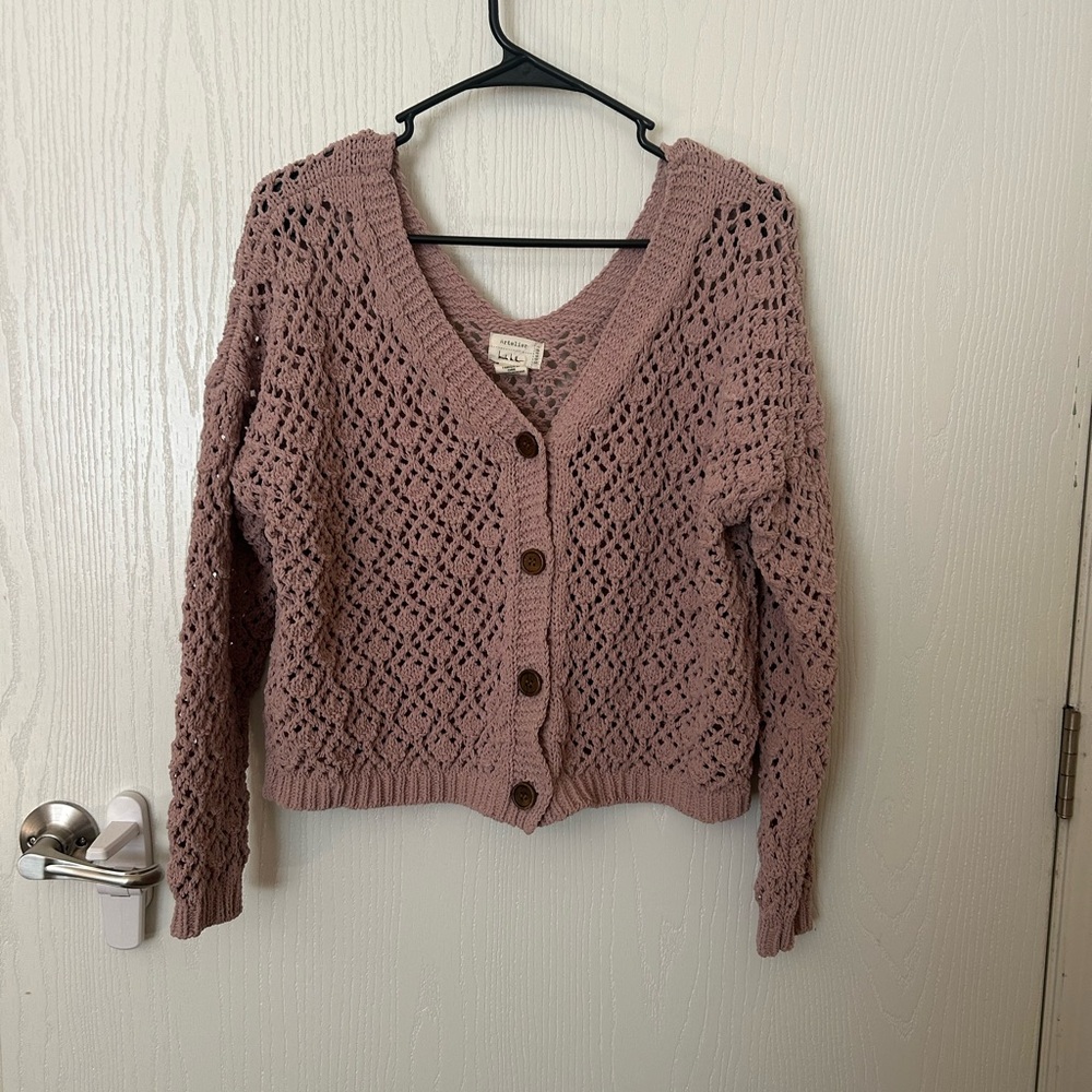 Dusty Rose Open-Knit V-Neck Cardigan Sweater